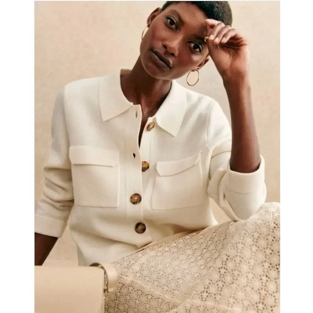 Sezane Betty Merino Wool Cropped Cardigan Ecru Cream Knit Pockets Size Large - Picture 2 of 11